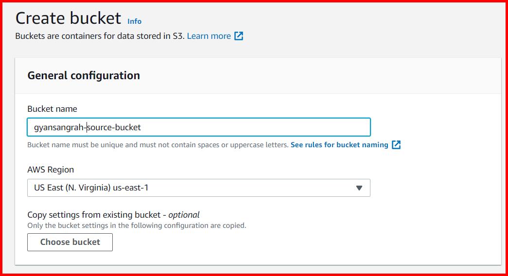 Picture showing the create bucket screen for creating the new bucket